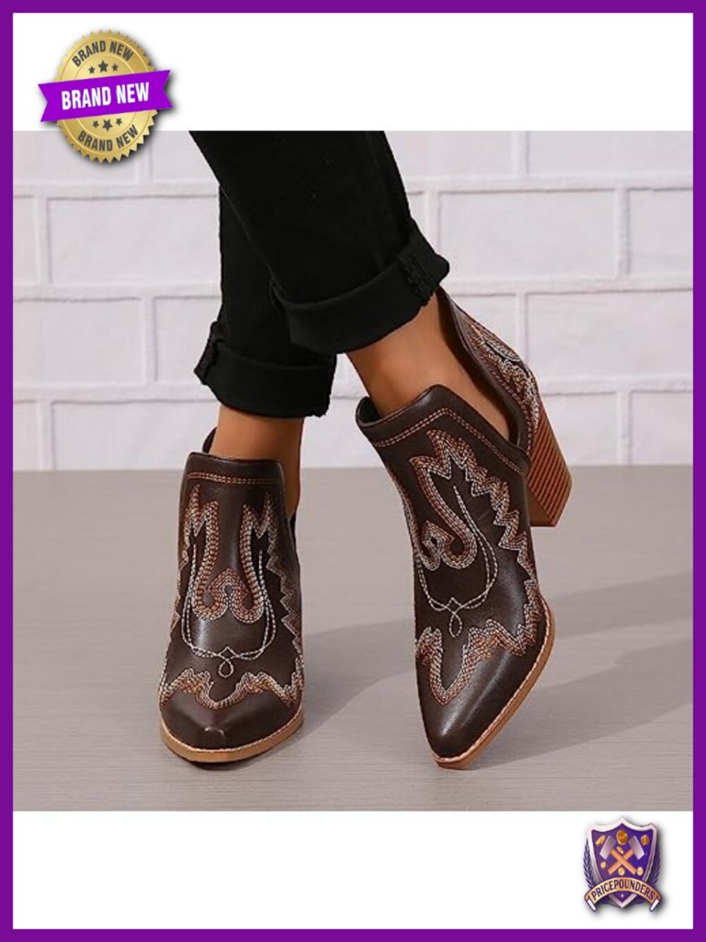 Women's Cowboy Ankle Boots Pointed Toe Chunky Heel Cutout Western - Picture 3 of 5